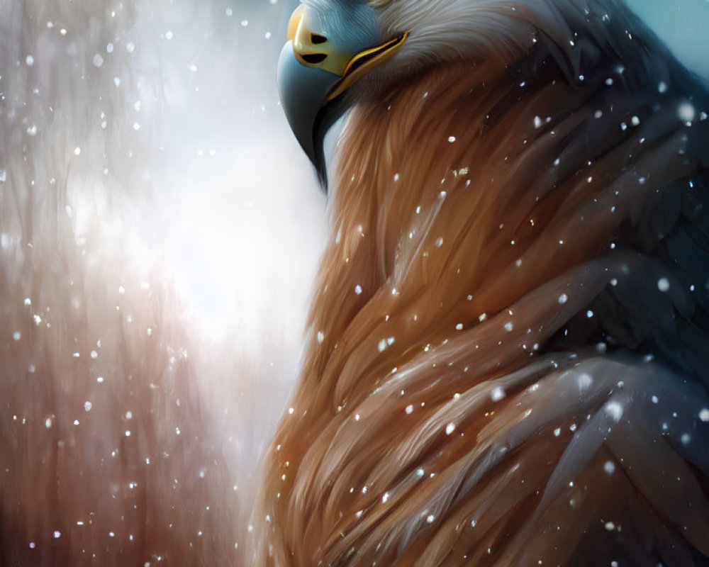 Majestic eagle with yellow eyes in snowfall scene