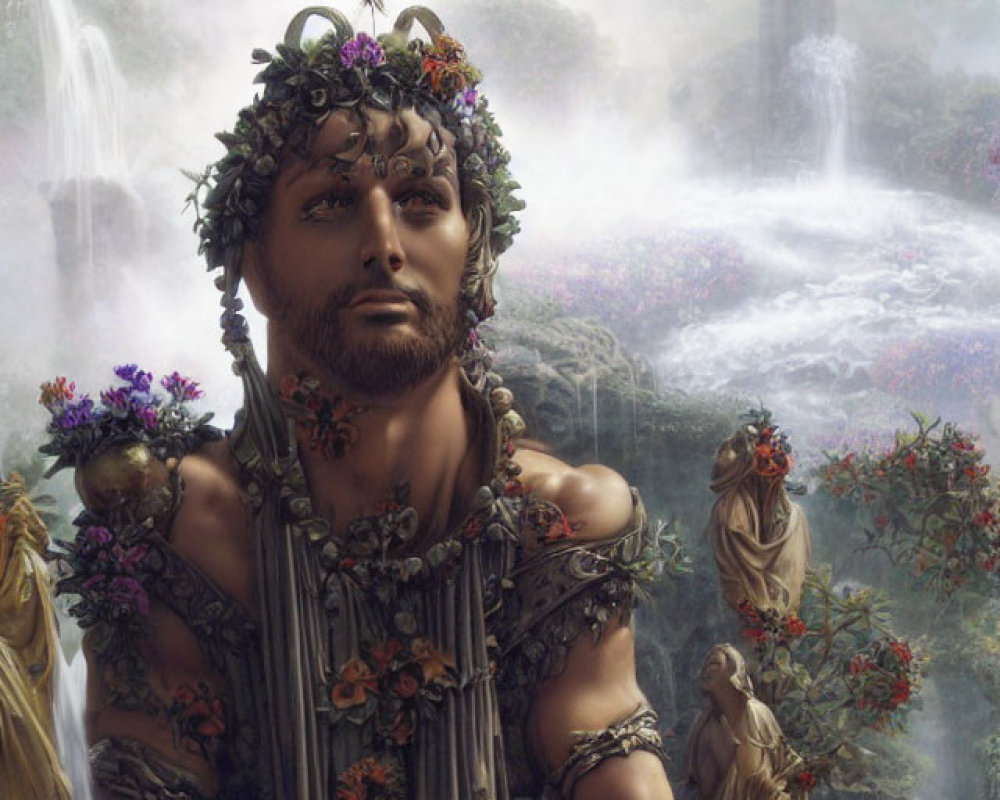 Regal person with leaf crown in mystical forest scene