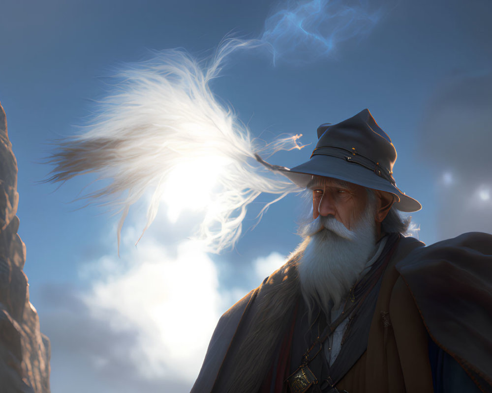 Elderly wizard with long beard and pointed hat casting magic.