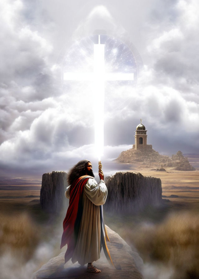 Robed man with staff gazes at glowing cross above distant chapel