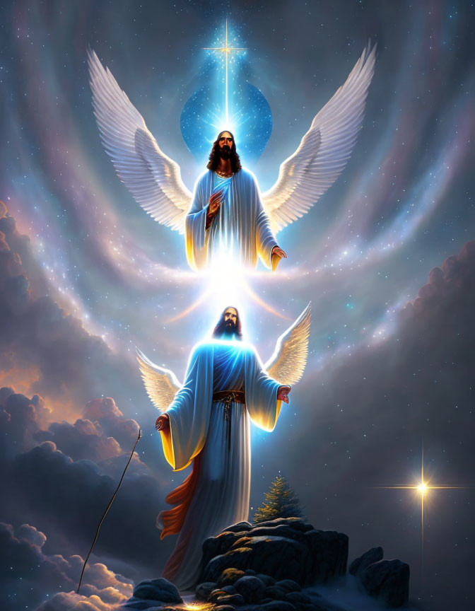 Celestial illustration of two angelic figures in glowing light among clouds