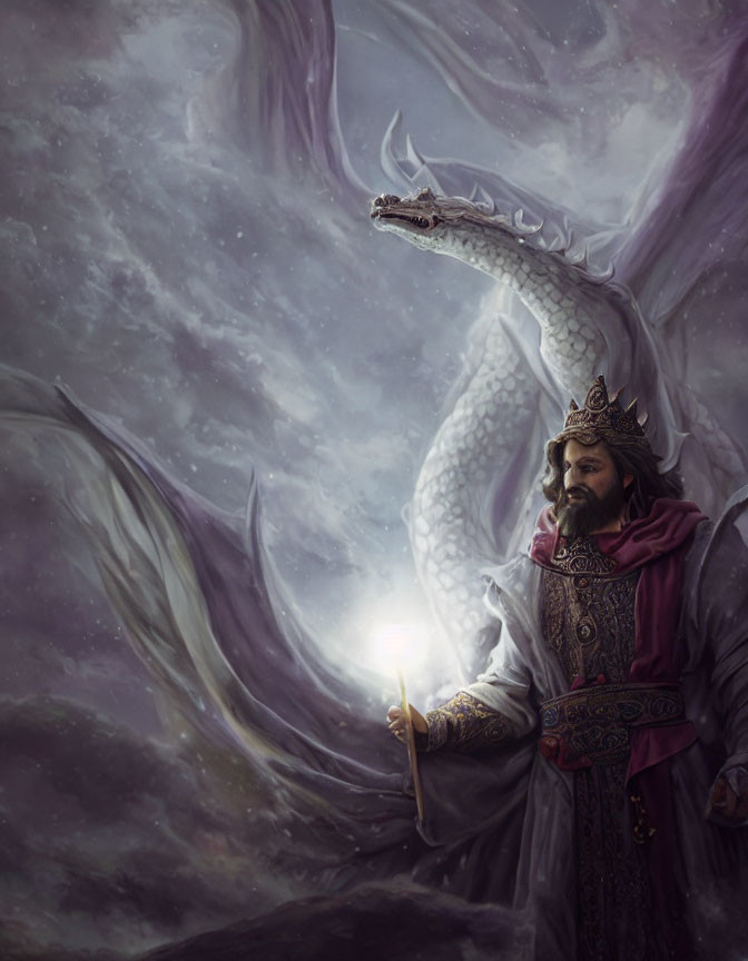 Regal figure in crown and robe faces white dragon in mystical setting