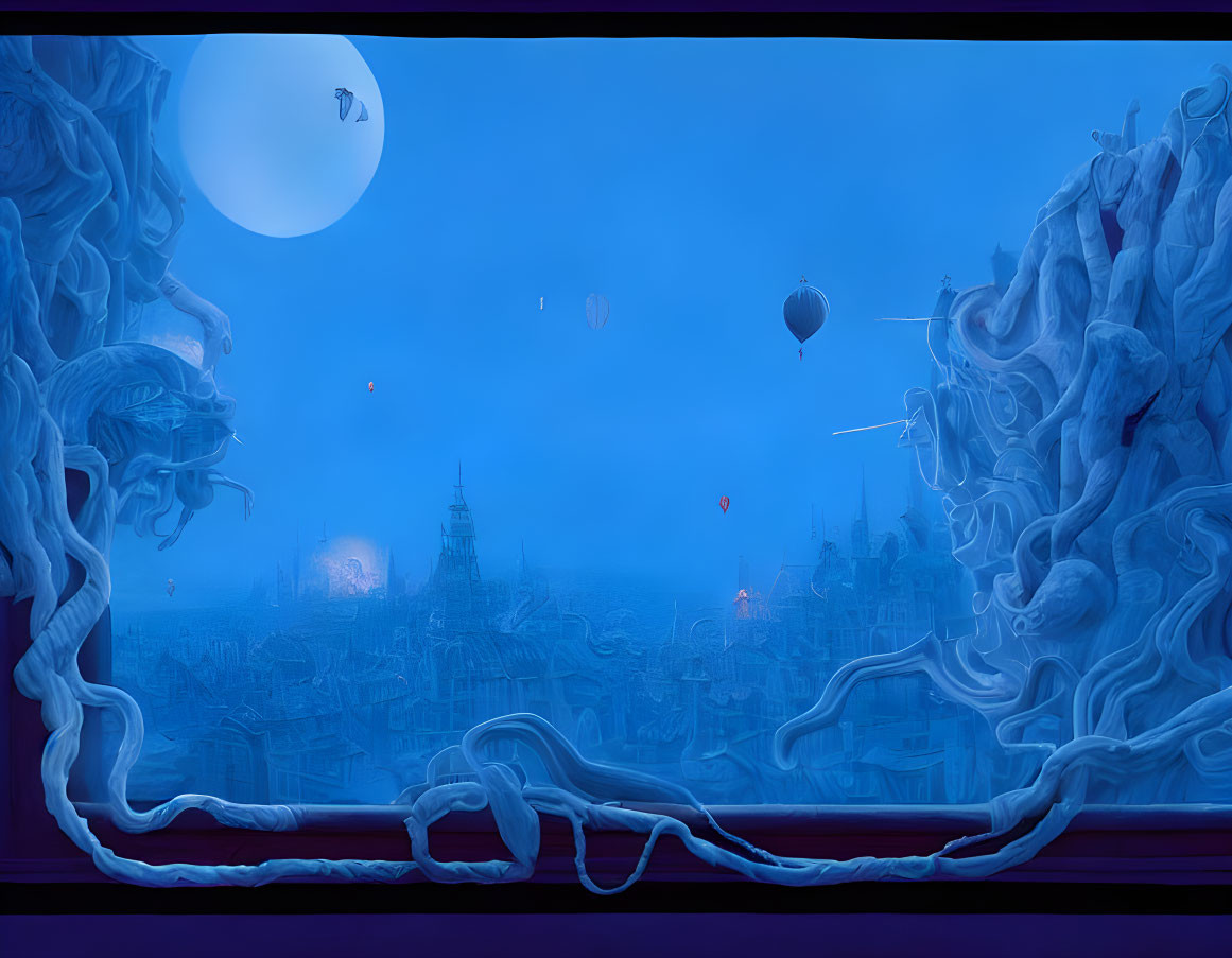 Surreal blue cityscape with cloud-like formations, hot air balloons, and large moon