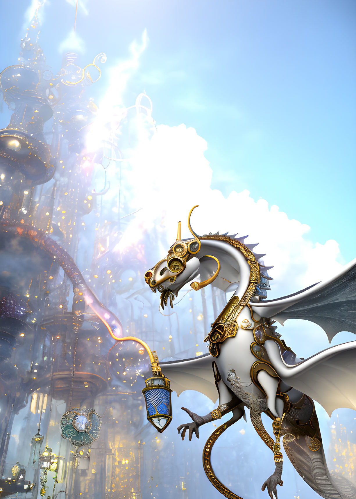 Majestic white and gold dragon in fantastical city with ornate towers