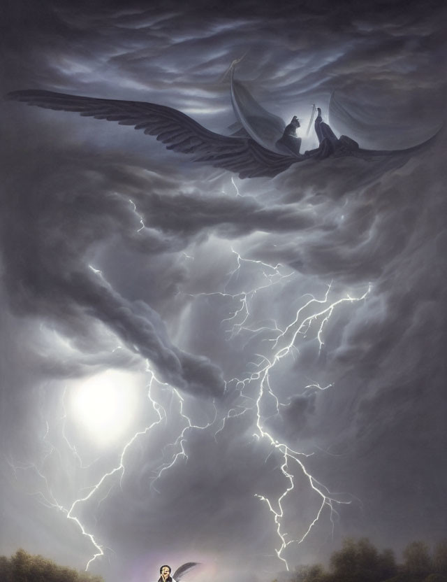 Giant winged creature carrying passengers in stormy skies