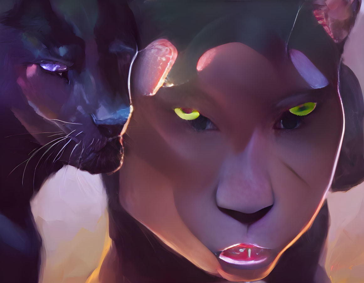 Digital painting of human with feline features and black panther, both with glowing eyes.