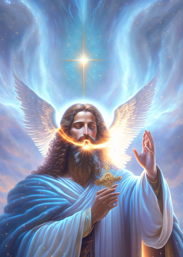 Brown-haired religious figure with celestial glow, wings, and shining star.