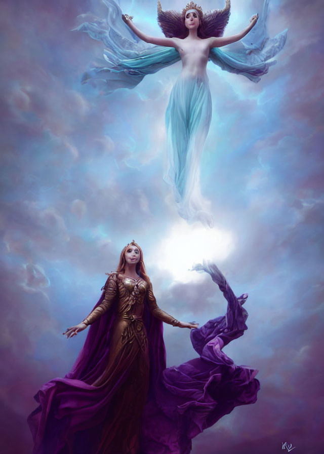 Mystical artwork featuring two women in ornate attire and ethereal wings