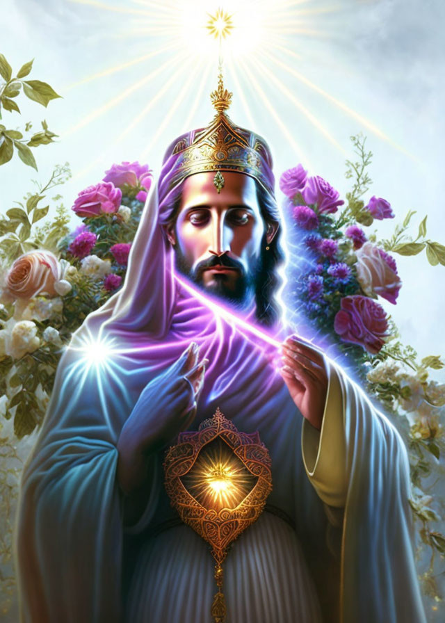 Regal figure with crown holding glowing heart in radiant illustration