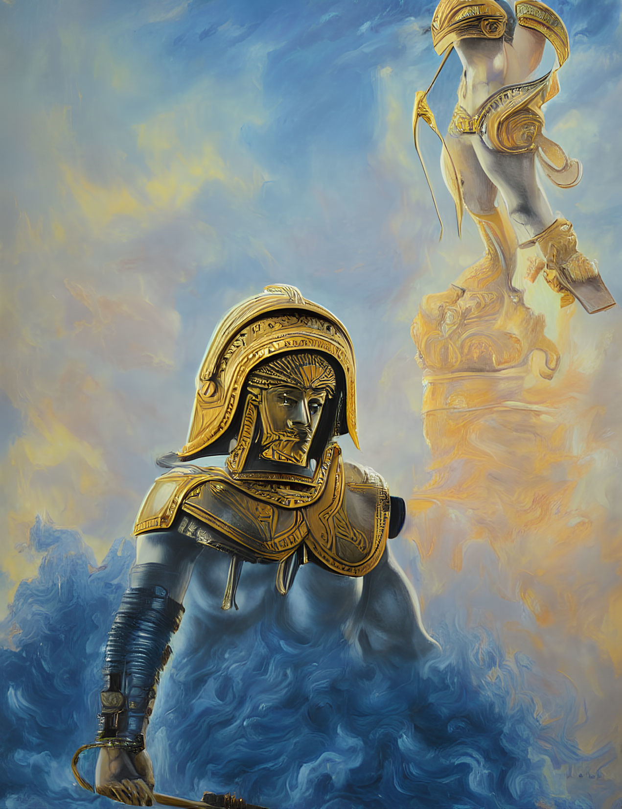 Stylized painting of warrior in golden armor with Corinthian helmet against blue and golden clouds.