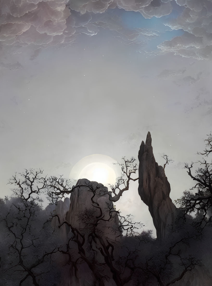 Mystical scene of bare trees, rock spires, full moon, and dusk sky