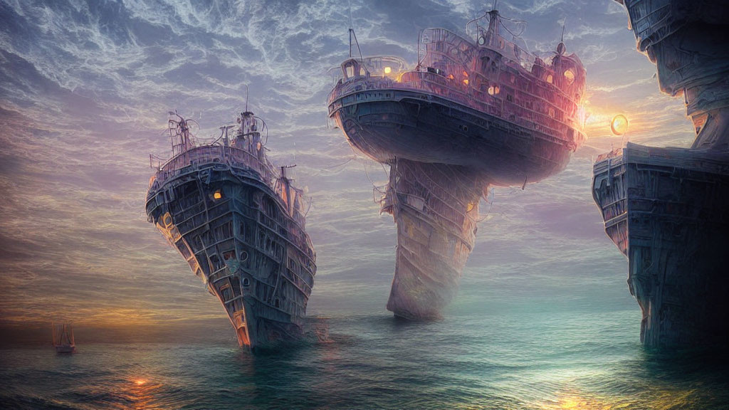 Vertical Ships Emerging from Sea at Sunrise