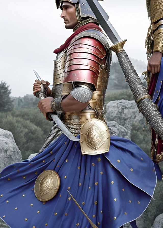 Roman soldier in red cuirass and blue cape with dagger in natural setting