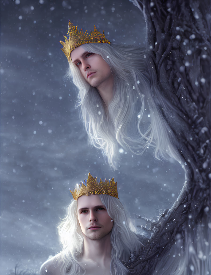 Regal figure with white hair and gold crown in snowy landscape.