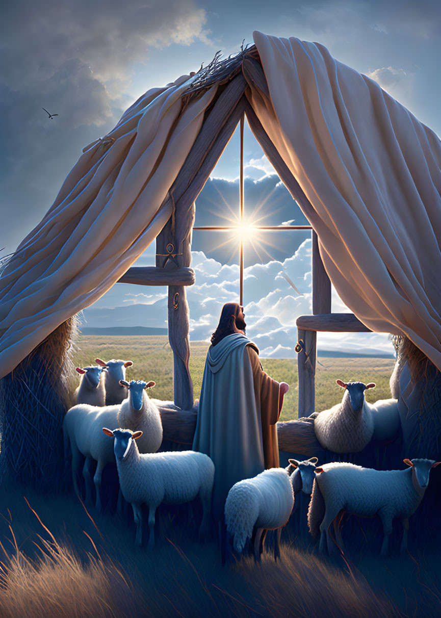 Illustration of person in cloak at tent entrance with sheep under sunny sky
