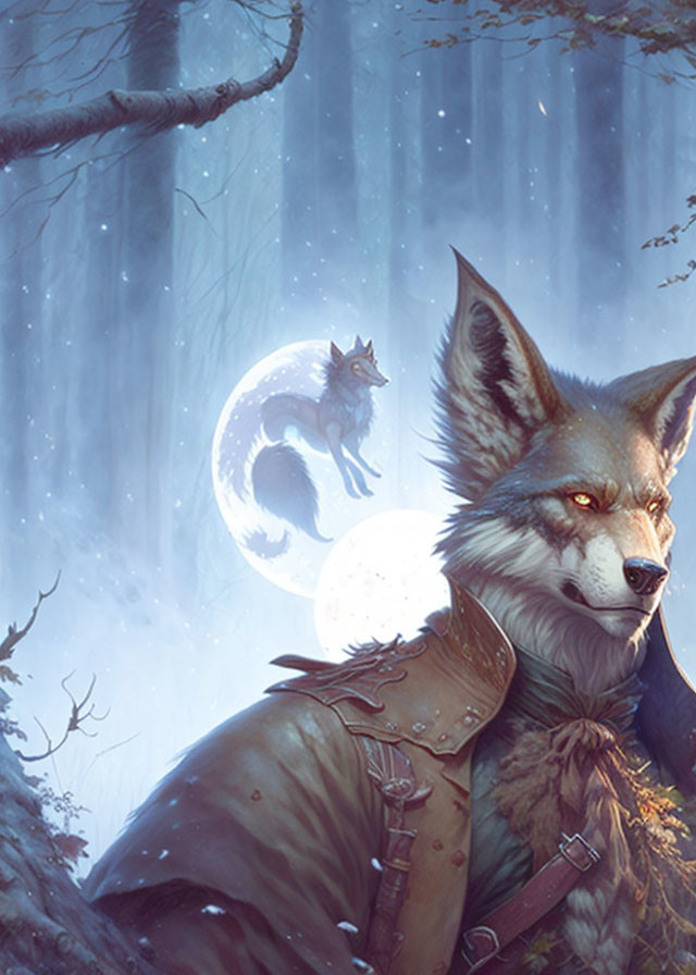 Anthropomorphic wolf warrior with cloak and amulet in moonlit forest.