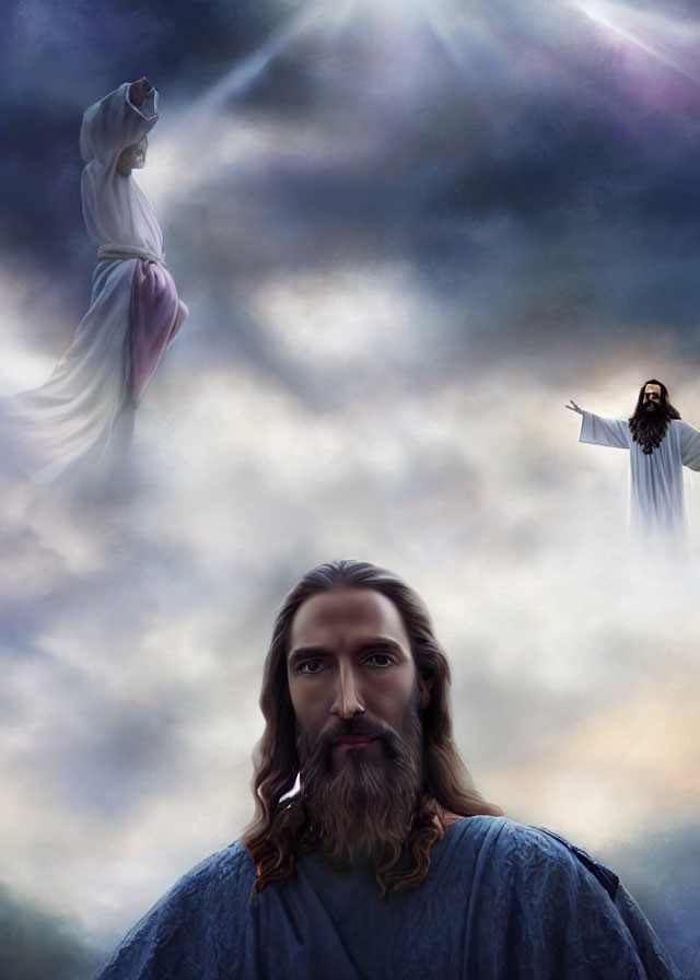 Digital artwork of bearded man in robes with ethereal figures under dramatic sky