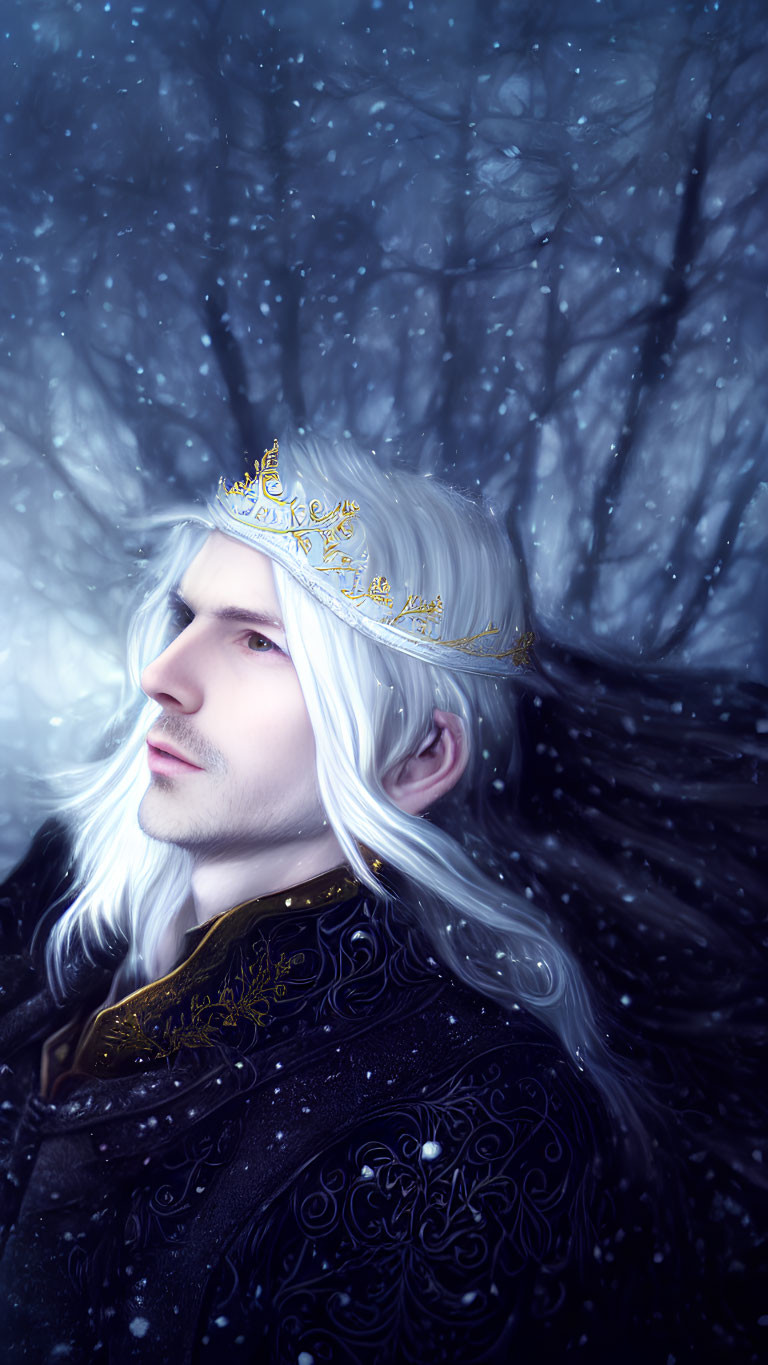 Regal Figure with Long White Hair and Golden Crown in Snowy Forest