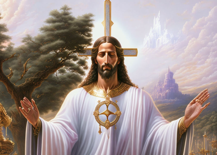 Figure in White and Gold Robes with Trees, Cross, and Castle in Sky