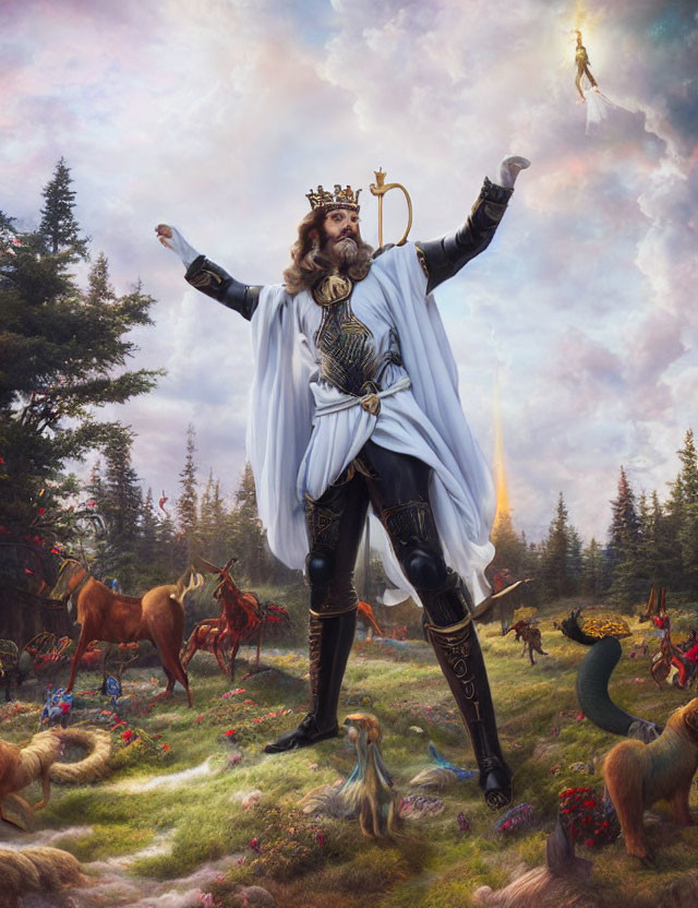 Regal figure in royal attire surrounded by animals in mystical forest