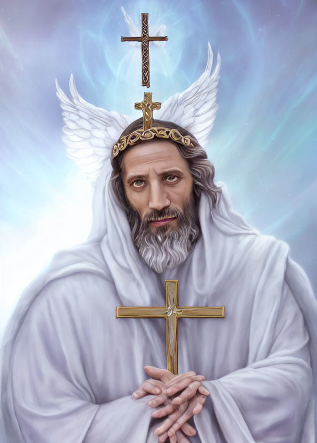 Figure with wings and halo holding a cross in serene white robe against cloudy backdrop