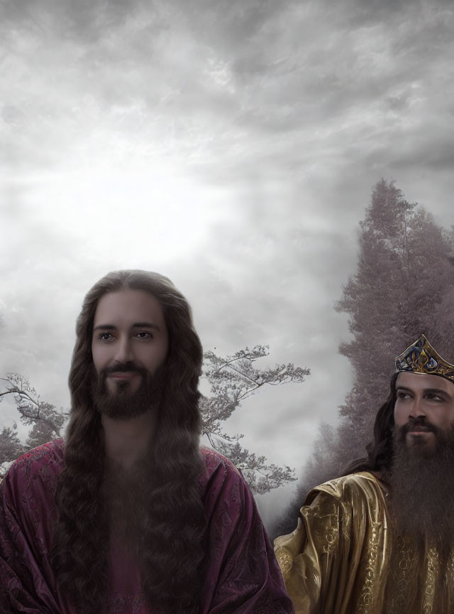Regal figures with long hair and beards in ornate robes in misty forest landscape
