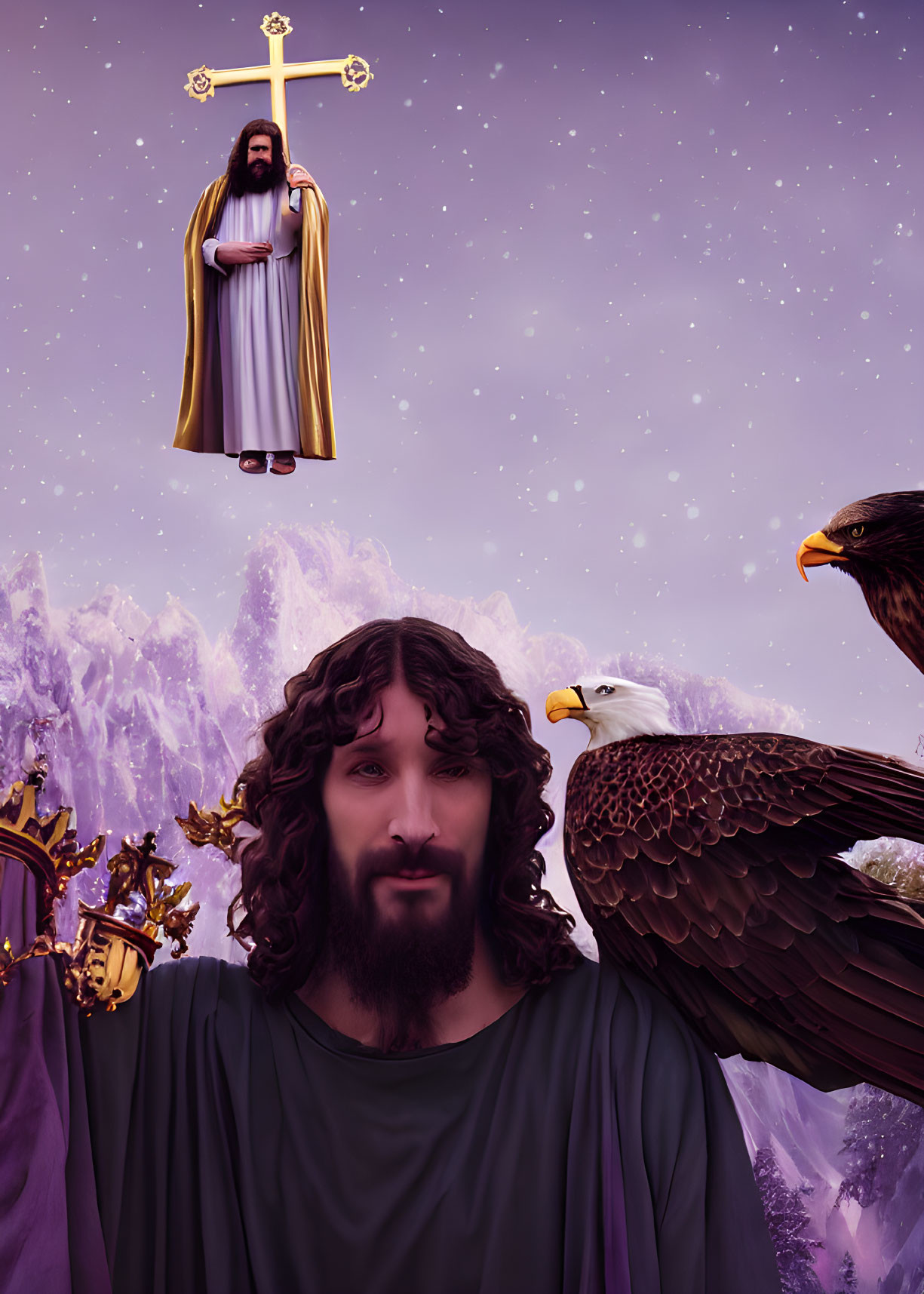 Bearded person in purple robes with eagles and floating cross in mountain landscape