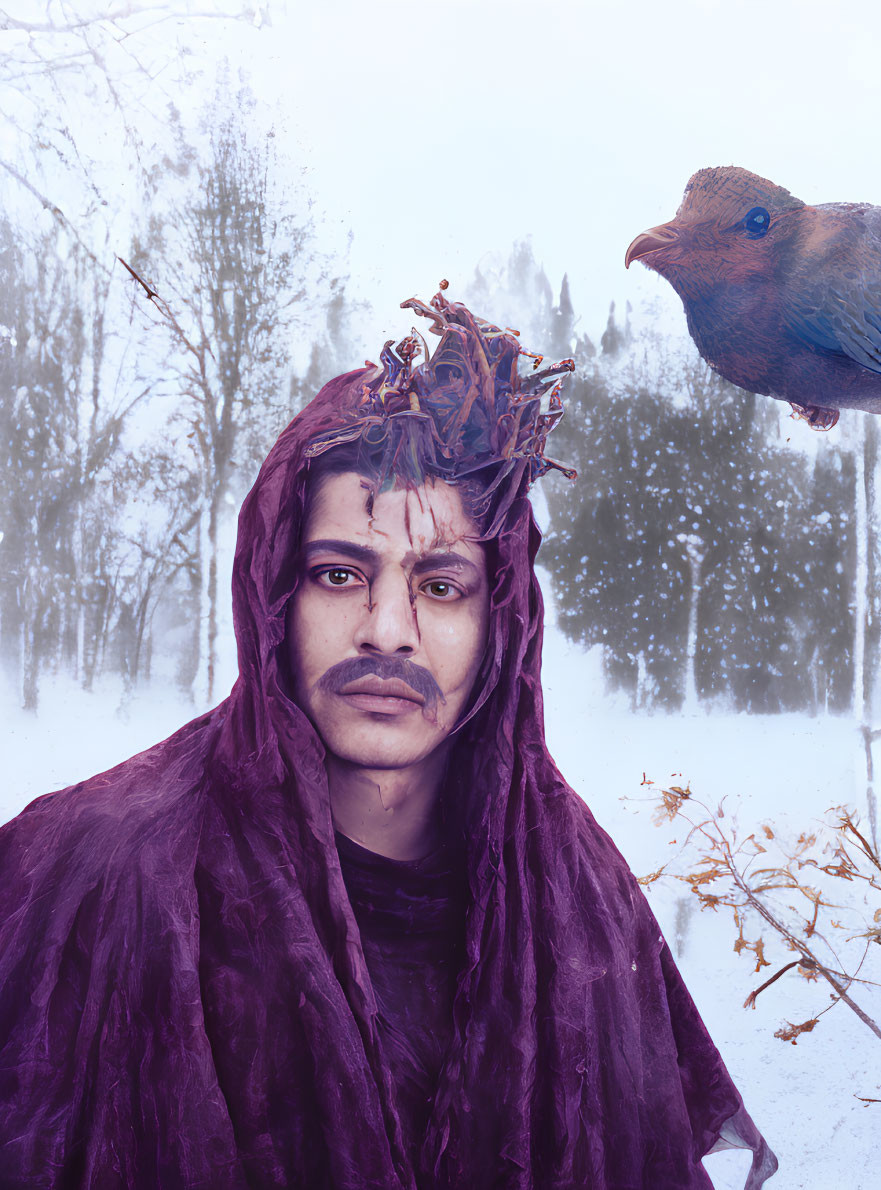 Person with Nest on Head and Bird in Purple Cloth Against Snowy Trees