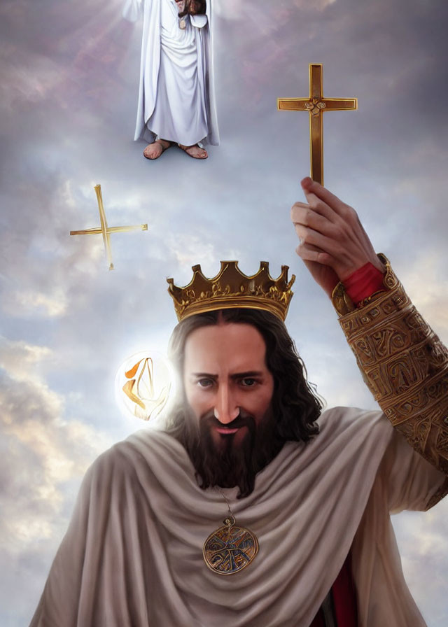 Majestic figure with crown holds cross under celestial being in clouds