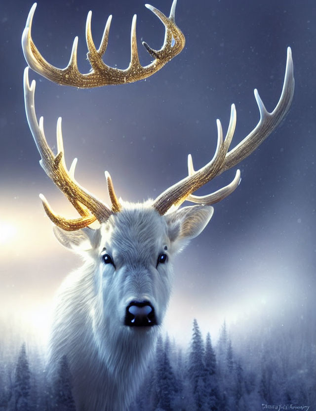 White Stag with Golden Antlers in Snowy Landscape