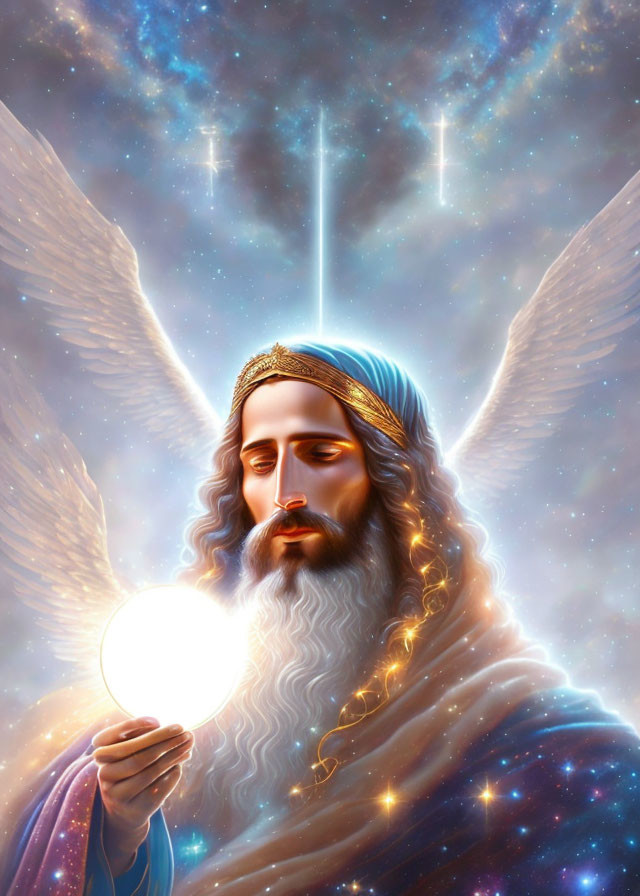 Serene figure with wings and halo holding glowing orb amidst stars and light.
