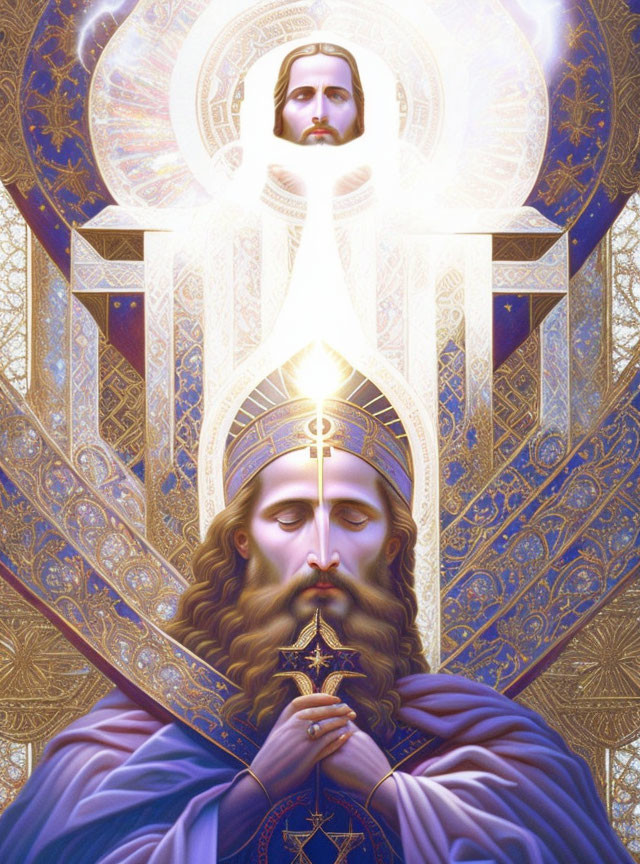 Symbolic illustration of regal figure praying with cross and spiritual figure above