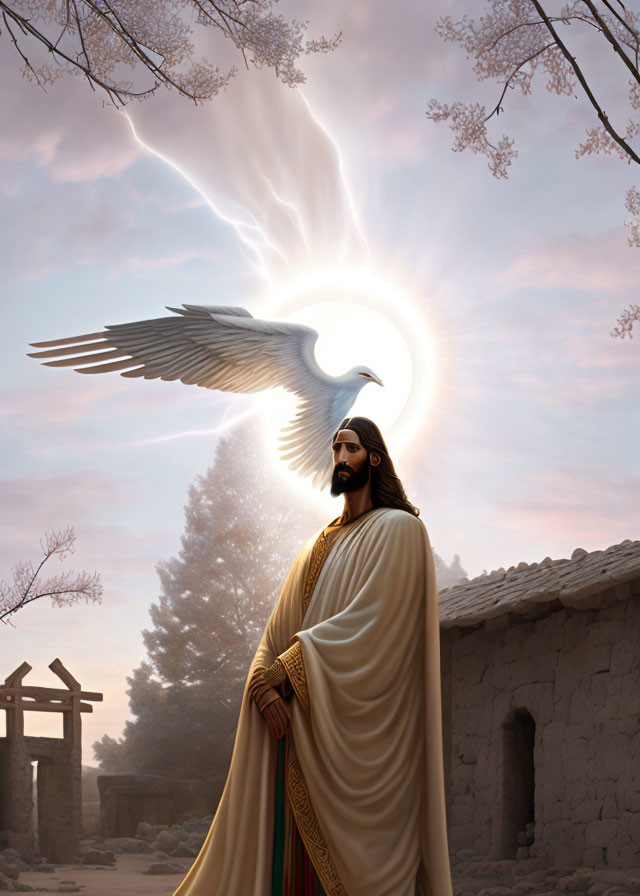 Serene image of bearded man with radiant dove, symbolizing peace, against mystical backdrop.