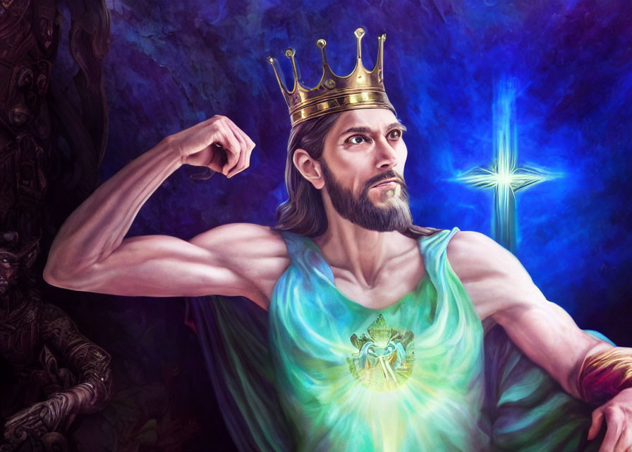 Muscular Man with Beard Wearing Crown Holding Sword in Mystical Blue Background