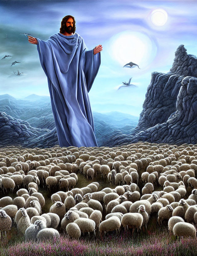 Religious painting of Jesus with open arms in pastoral landscape