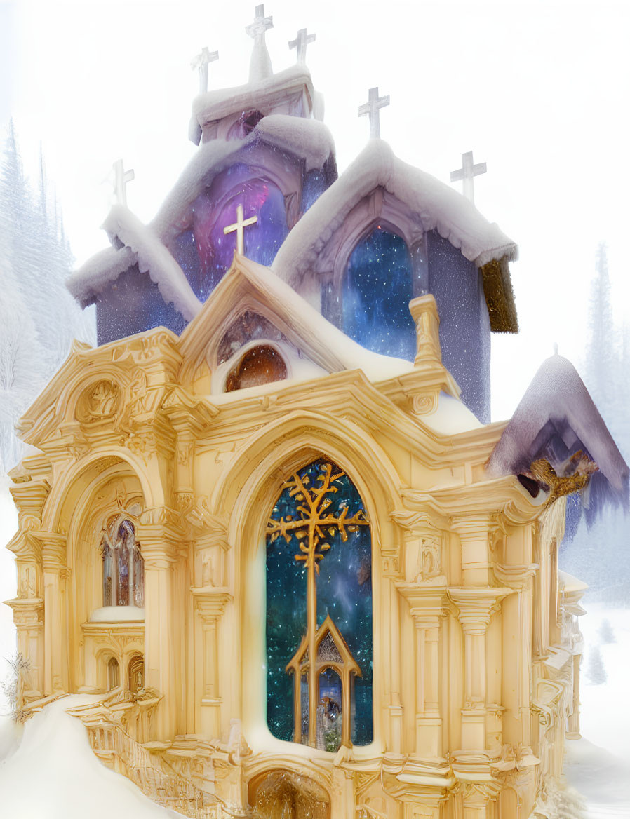 Mystical Church with Golden Facades in Snowy Forest