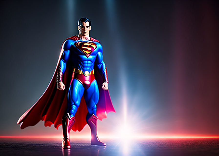 Superman in classic blue and red costume with cape, hands on hips against dramatic light background