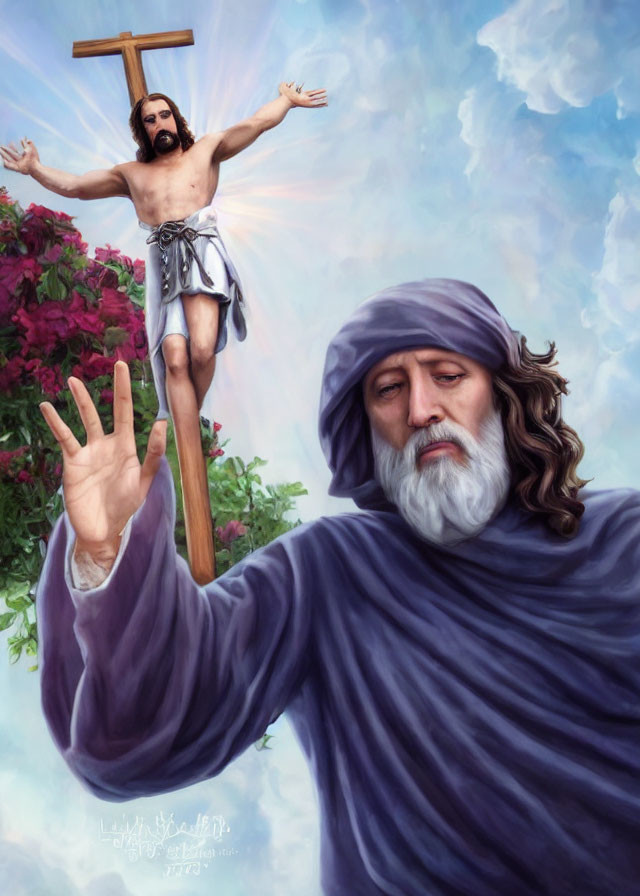 Religious illustration: Jesus on cross, robed man's hand, bright sky, white cross