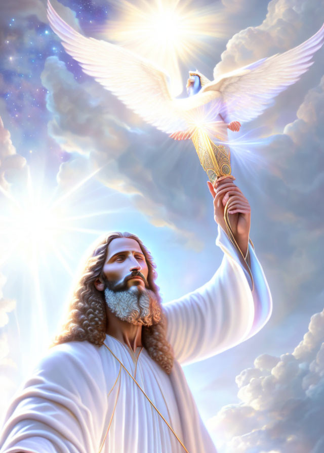 Illustration of bearded man in white robes reaching for radiant dove in sky