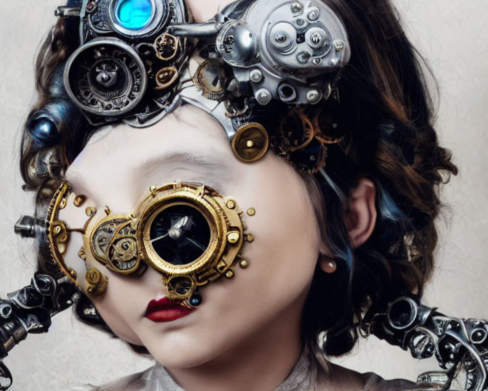 Steampunk-style woman with mechanical components and goggles.