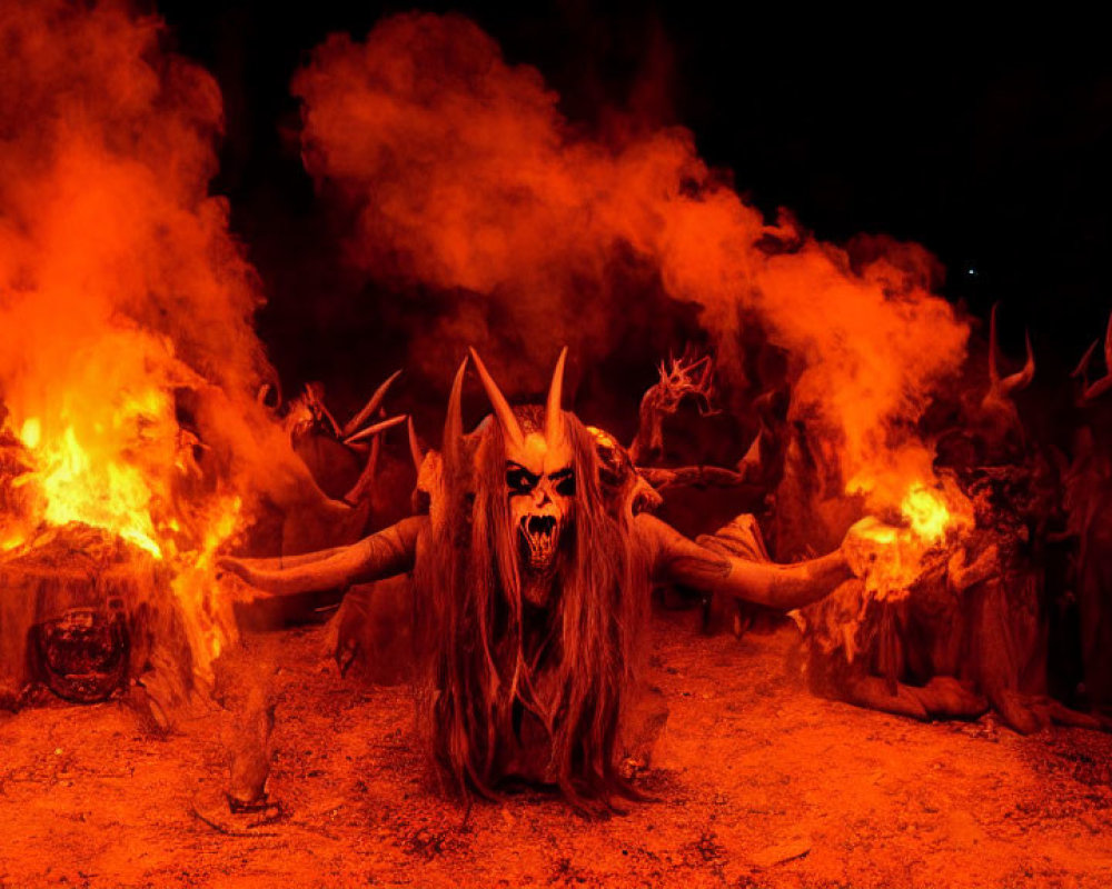 People in demon costumes engulfed in flames and smoke at night.