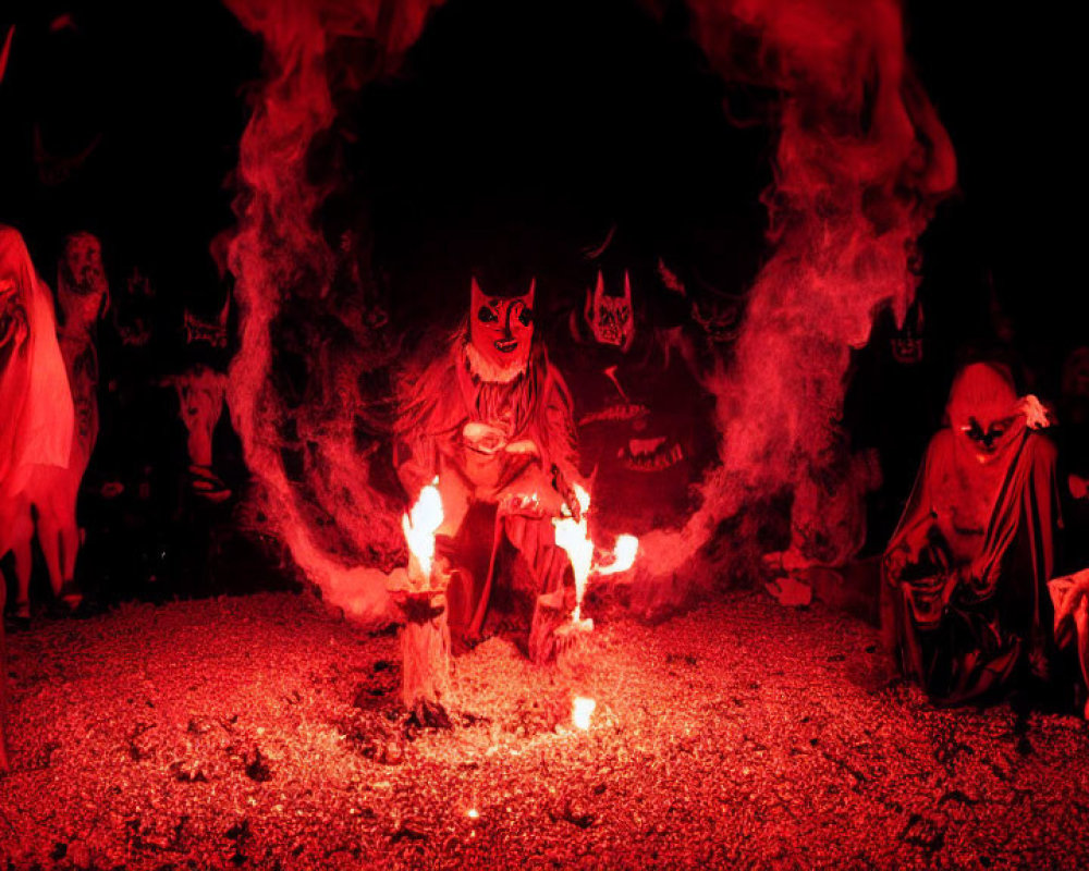 Demonic costumes around fire in haunting scene