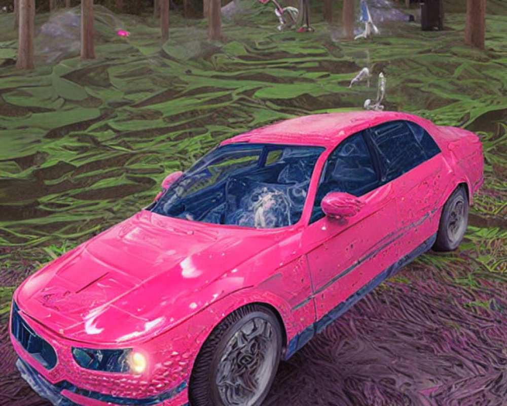 Pink Car with Patterned Texture on Forest Road Surrounded by Ghostlike Figures