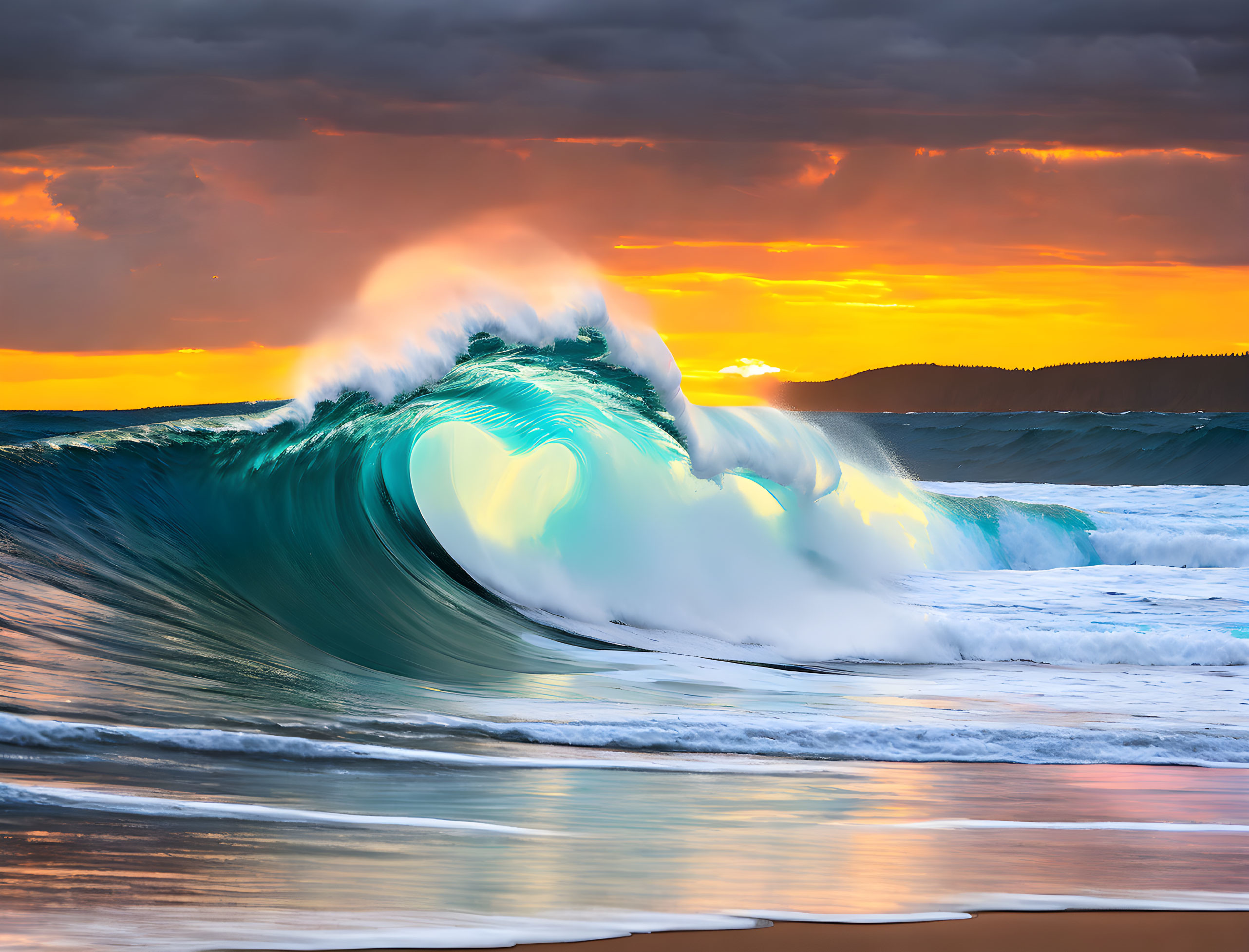 Colorful Ocean Wave Against Fiery Sunset Sky