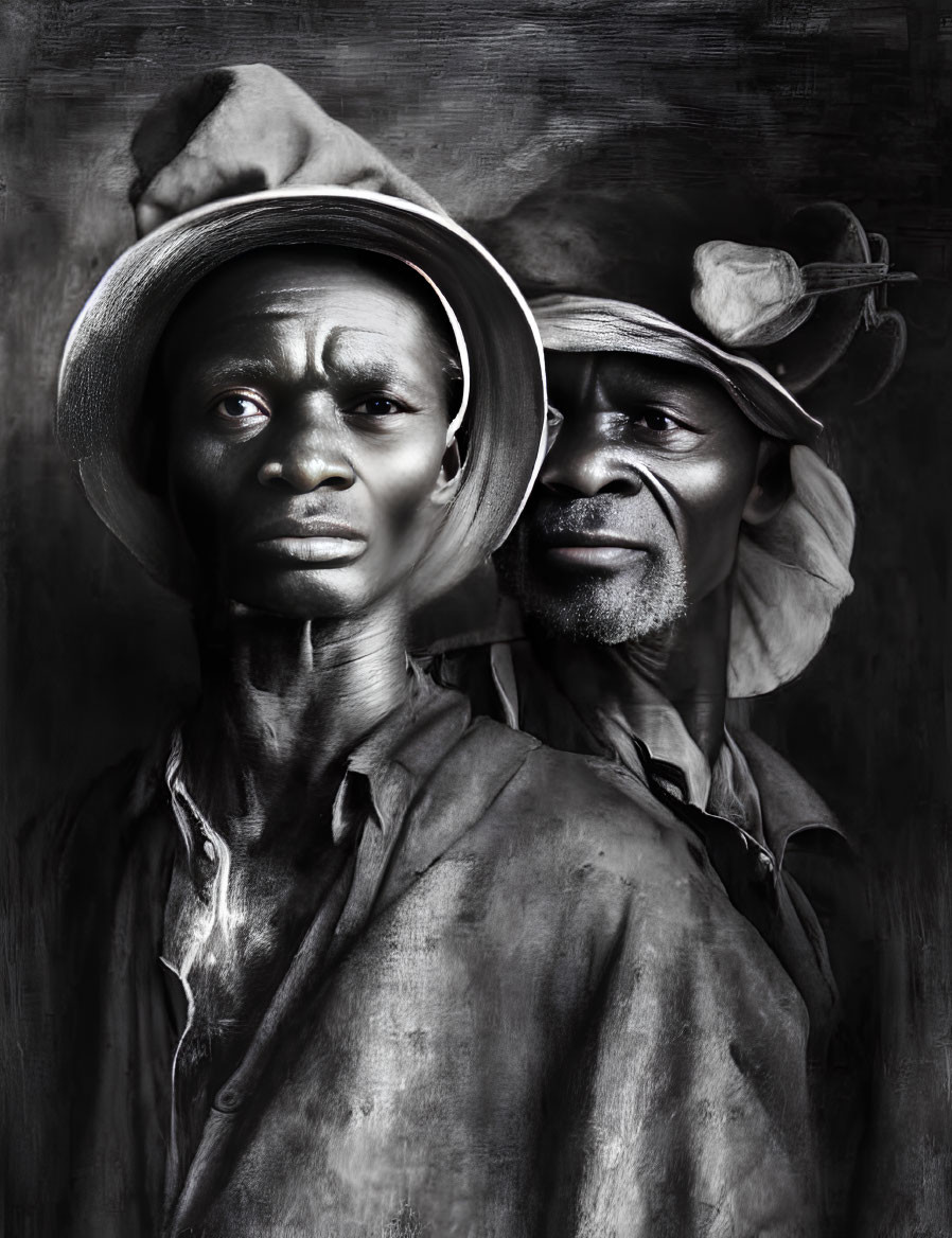 Two people in hats and weathered clothing stare at the camera against a dark background