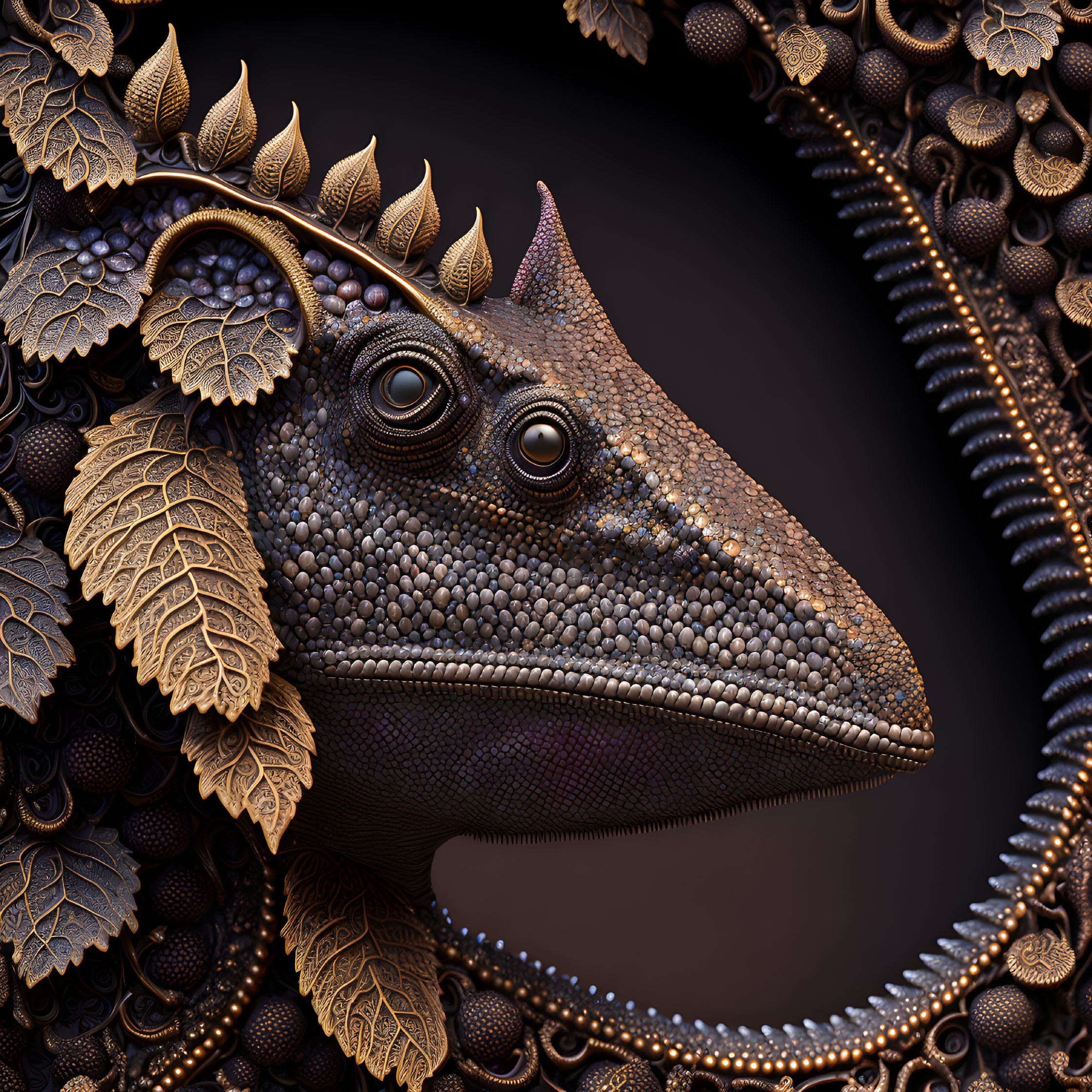 Detailed Chameleon Head Artwork with Ornate Patterns and Organic Elements