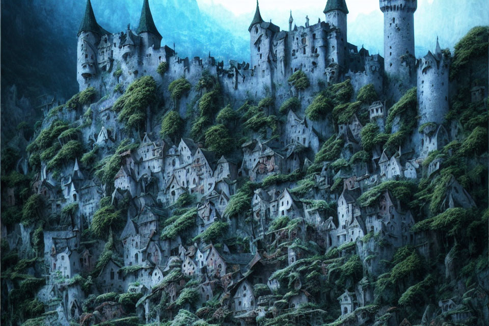 Medieval-style stone houses and towers in misty mountain forest