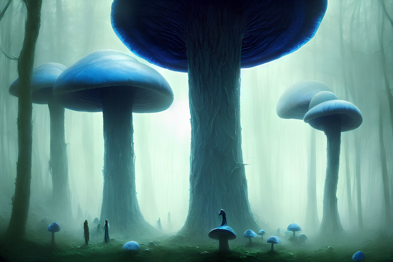 Enchanting forest with giant blue mushrooms, fog, small figure, and swans