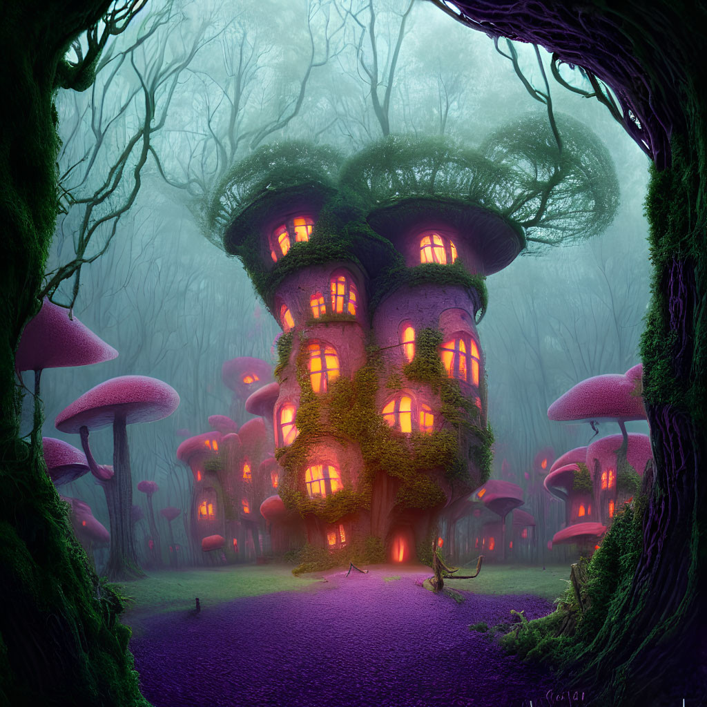 Enchanting multi-tiered treehouse in mystical forest with oversized purple mushrooms