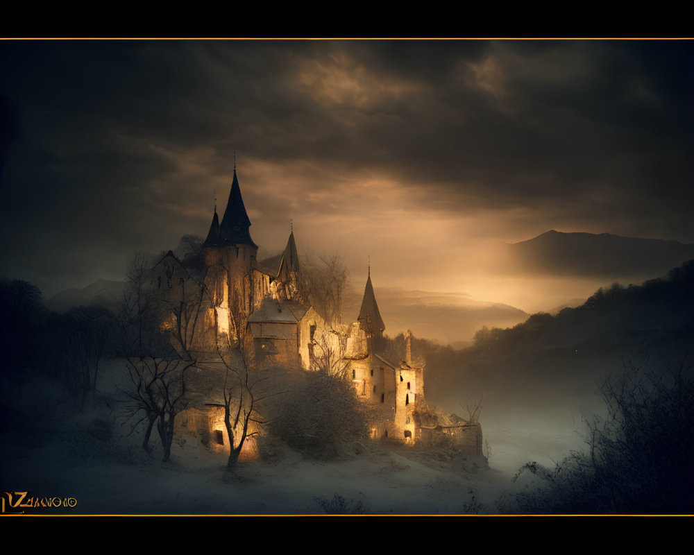 Ethereal gothic castle in misty mountain landscape at sunrise or sunset